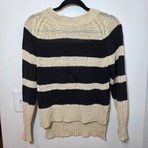 A.L.C. Womens Cotton Linen Striped Cropped Pullover Sweater Beige Black Size M